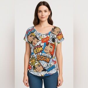Lala USA Pop Art Comic Graphic Top Cutout Back Women’s Tee Colorful Retro Style